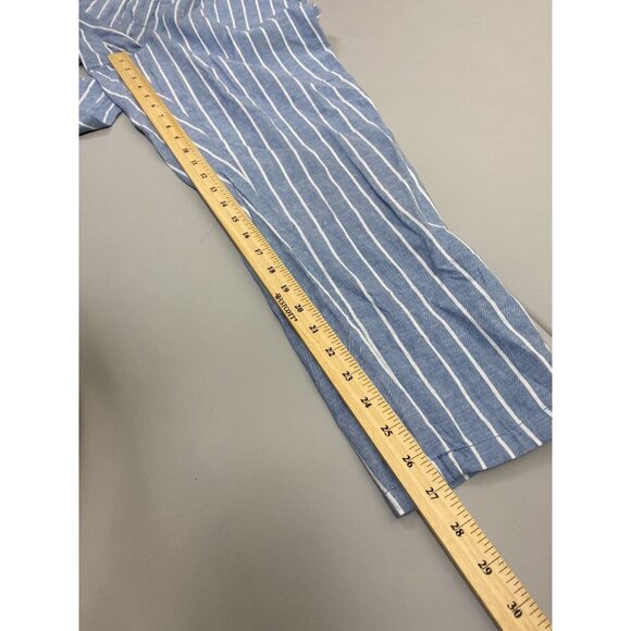 Serra Linen Blend Stripe Blue Womens Pants size Medium Lagenlook Pull on Elastic - Picture 8 of 13